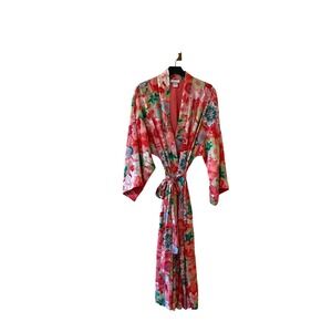 Natori Floral Print Kimono‎ Robe Red Green Pink Womens Large Lightweight